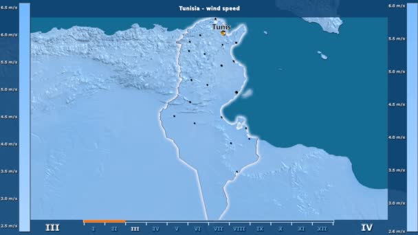 Vindens Hastighet Månad Området Tunisien Med Animerade Legend Engelska Etiketter — Stockvideo