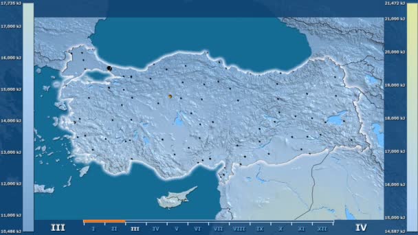 アニメーションの伝説 輝く形 管理上のボーダー 主要都市 首都のトルコ地区月別日射量 平射図法 — ストック動画