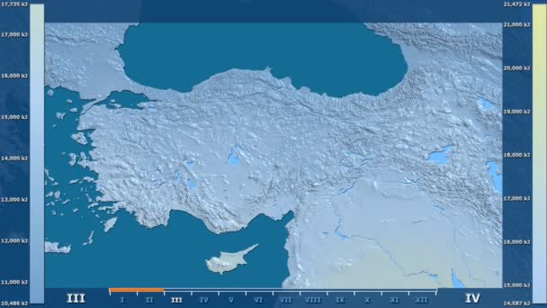 アニメーションの伝説 Raw カラー シェーダーを持つトルコ地区月別日射量 平射図法 — ストック動画