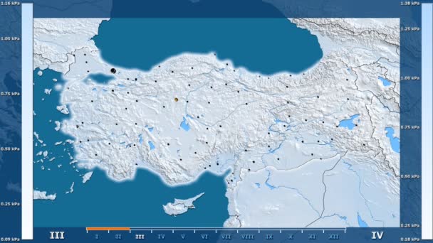 アニメーションの伝説 輝く形状 管理上のボーダー 主要都市 首都のトルコ地区月別水蒸気圧 平射図法 — ストック動画