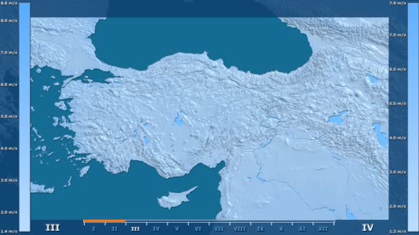 风速按月在土耳其地区与动画图例 原始颜色着色 球极投影 — 图库视频影像