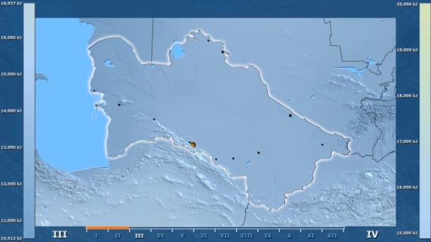 Zonnestraling Maand Het Gebied Van Turkmenistan Met Geanimeerde Legend Gloeiende — Stockvideo