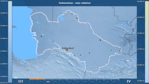 Sluneční Záření Podle Měsíce Oblasti Turkmenistán Animovanou Legendou Anglické Popisky — Stock video