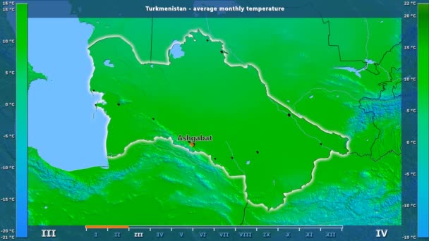 平均温度按月在土库曼斯坦地区以生动的传奇 英国标签 国家和资本名字 地图描述 球极投影 — 图库视频影像