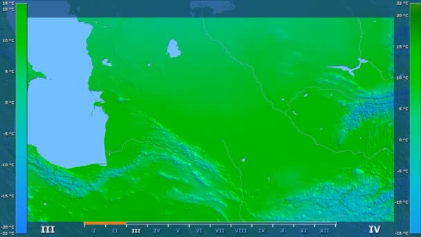 平均气温按月在土库曼斯坦地区与动画图例 原始颜色着色器 球极投影 — 图库视频影像