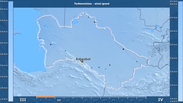 Скорость Ветра Месяцам Туркменистане Анимированной Легендой Английские Метки Названия Страны — стоковое видео