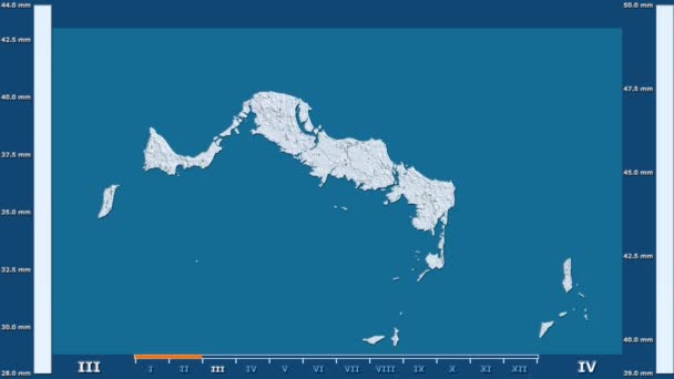 降雨雪按月在特克斯和凯科斯群岛区域以生动的传奇 原始的颜色着色器 球极投影 — 图库视频影像