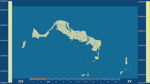 アニメーションの伝説 Raw カラー シェーダー タークス カイコス諸島地域における月別日射量 平射図法 — ストック動画