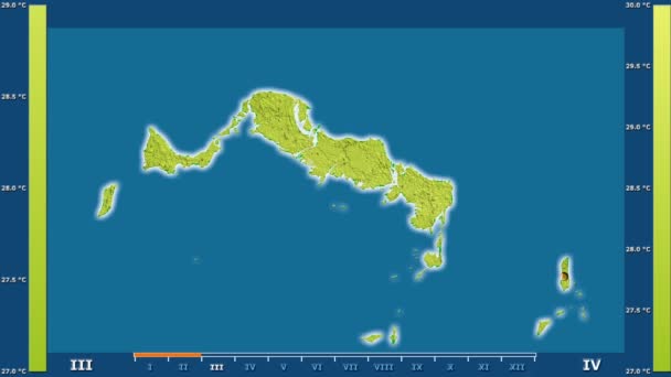 最高气温按月在特克斯和凯科斯群岛地区以动画传奇发光的形状 行政边界 主要城市 球极投影 — 图库视频影像