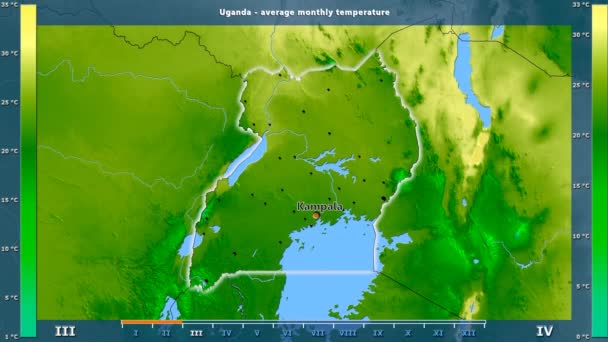 Průměrná Teplota Měsíc Oblasti Uganda Animovanou Legendou Anglické Popisky Země — Stock video