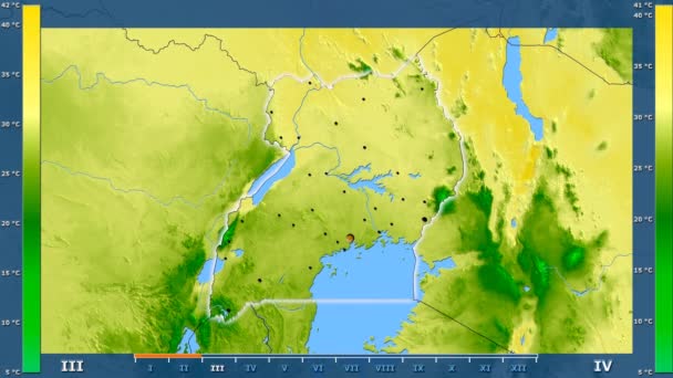 Maximální Teplota Podle Měsíce Oblasti Uganda Animovanou Legendou Zářící Tvar — Stock video