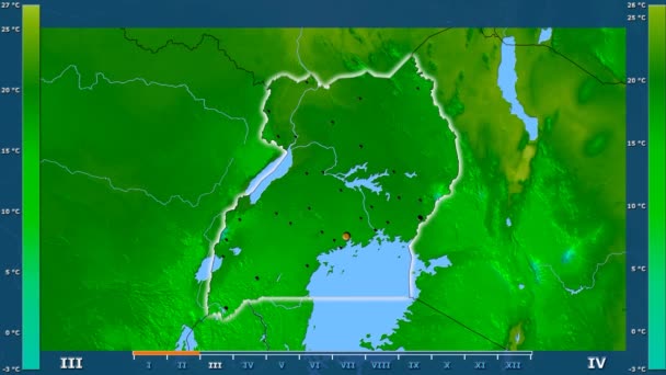 最低气温按月在乌干达地区以动画传奇发光的形状 行政边界 主要城市 球极投影 — 图库视频影像