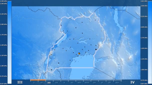 水汽压力按月在乌干达地区与动画传奇发光的形状 行政边界 主要城市 球极投影 — 图库视频影像