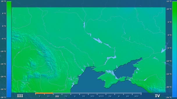 乌克兰地区平均气温与动画图例 原始颜色着色器 球极投影 — 图库视频影像