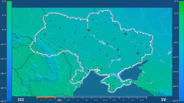 Minimální teplota podle měsíce v oblasti Ukrajiny s animovanou legendou - zářící tvar, administrativní hranice, hlavní města, hlavního města. Stereografická projekce