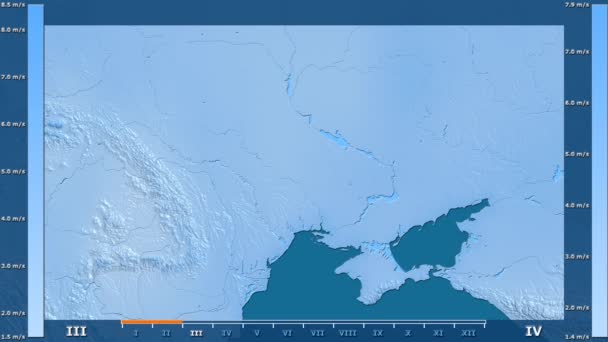 アニメーションの伝説 Raw カラー シェーダーでウクライナの領域の月別風速します 平射図法 — ストック動画