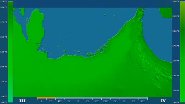 アニメーションの伝説 Raw カラー シェーダーを持つアラブ首長国連邦地区月最低気温は 平射図法 — ストック動画
