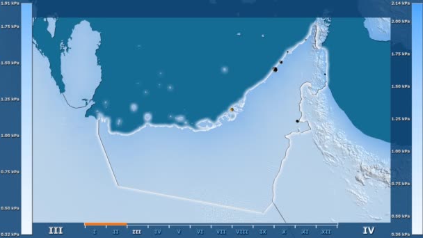 水汽压力按月在阿拉伯联合酋长国地区与动画传奇 发光的形状 行政边界 主要城市 球极投影 — 图库视频影像