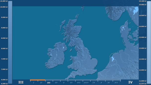 アニメーションの伝説 Raw カラー シェーダーを持つイギリス地区の月別日射 平射図法 — ストック動画