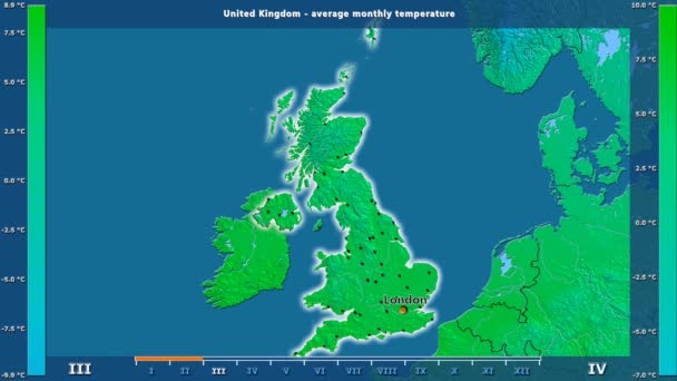 英国地区平均气温按月份显示动画图例 英文标签 国家和资本名称 地图描述 球极投影 — 图库视频影像