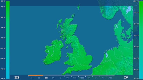 Durchschnittstemperatur Pro Monat Gebiet Des Vereinigten Königreichs Mit Animierter Legende — Stockvideo