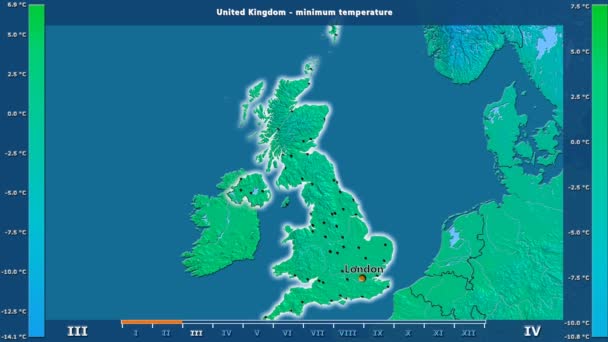 最低气温按月在英国区域以动画传奇 英国标签 国家和资本名字 地图描述 球极投影 — 图库视频影像