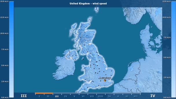 风速按月在英国地区与动画图例 英文标签 国家和资本名称 地图描述 球极投影 — 图库视频影像