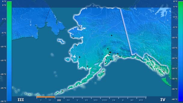 アニメーション伝説 管理上のボーダー 主要都市 首都を輝くアメリカ合衆国アラスカ州地域での月別平均気温は 平射図法 — ストック動画