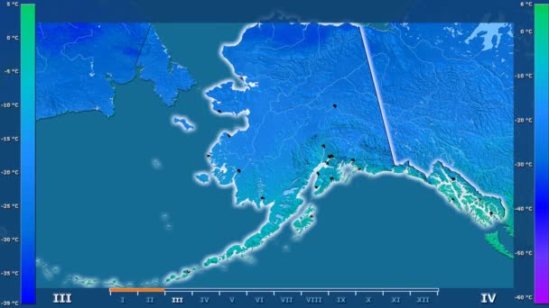 アニメーションの伝説 管理上のボーダー 主要都市 首都を光るとアメリカ合衆国アラスカ地区月最低気温は 平射図法 — ストック動画