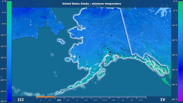 最低气温按月在美国阿拉斯加地区与动画图例 英文标签 国家和资本名称 地图描述 球极投影 — 图库视频影像