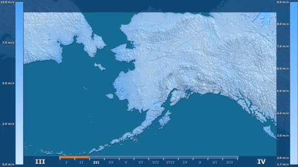 アニメーションの伝説 Raw カラー シェーダーを持つアメリカ合衆国アラスカ地区の月別風速 平射図法 — ストック動画