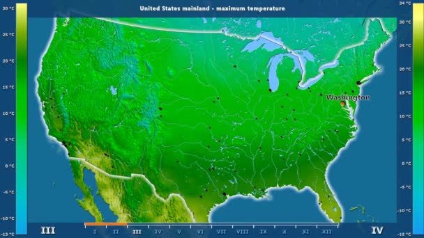 アニメーションの伝説 英語のラベルとアメリカ合衆国本土域の月別最高気温 国と首都名は マップの説明 平射図法 — ストック動画