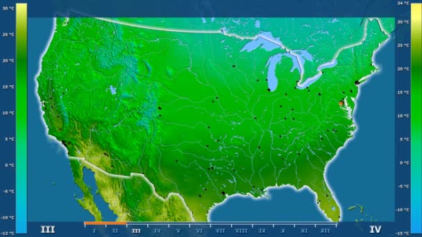 最高气温按月在美国大陆地区与动画传奇 发光的形状 行政边界 主要城市 球极投影 — 图库视频影像