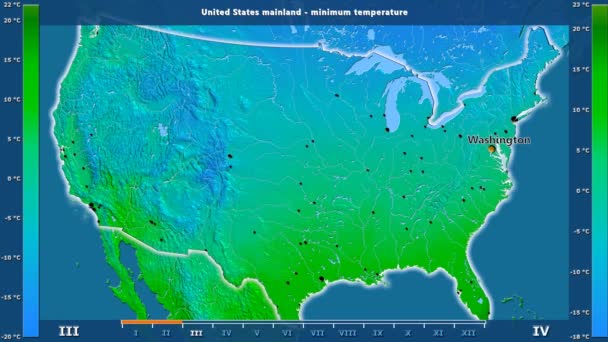 Lägsta Temperatur Månad Området Usa Fastlandet Med Animerade Legend Engelska — Stockvideo