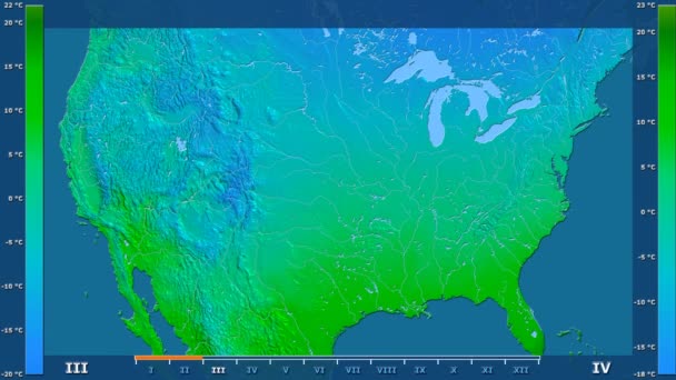 Lägsta Temperatur Månad Området Usa Fastlandet Med Animerade Legend Raw — Stockvideo