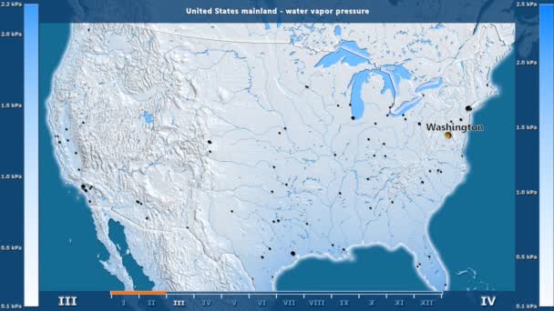 水汽压力按月在美国大陆地区与动画传奇 英文标签 国家和资本名称 地图描述 球极投影 — 图库视频影像