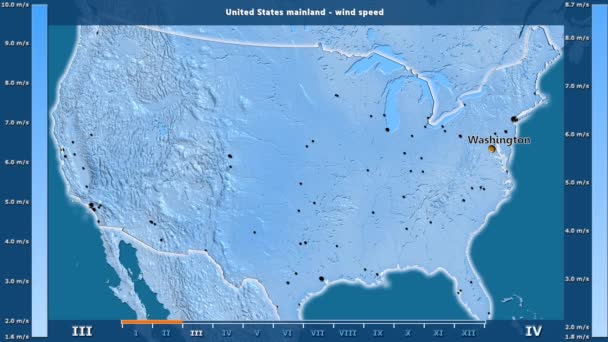 アニメーションの伝説 英語のラベルとアメリカ合衆国本土域の月別風速 国と首都名は マップの説明 平射図法 — ストック動画