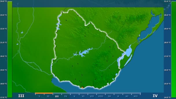 Средняя Температура Месяцам Уругвае Оживленной Легендой Светящаяся Форма Административные Границы — стоковое видео
