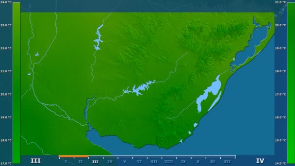 アニメーションの伝説 Raw カラー シェーダーをウルグアイ地区月別平均気温は 平射図法 — ストック動画