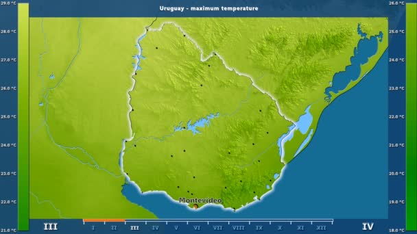 Maximale Temperatur Pro Monat Uruguay Gebiet Mit Animierter Legende Englische — Stockvideo