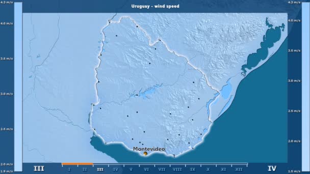 风速按月在乌拉圭区域以动画传奇 英国标签 国家和资本名字 地图描述 球极投影 — 图库视频影像