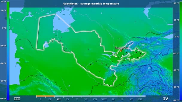 Medeltemperatur Månad Området Uzbekistan Med Animerade Legend Engelska Etiketter Landet — Stockvideo