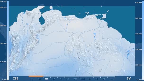 Осадки Месяцам Венесуэле Анимированной Легендой Сырым Цветным Шейдером Стереографическая Проекция — стоковое видео