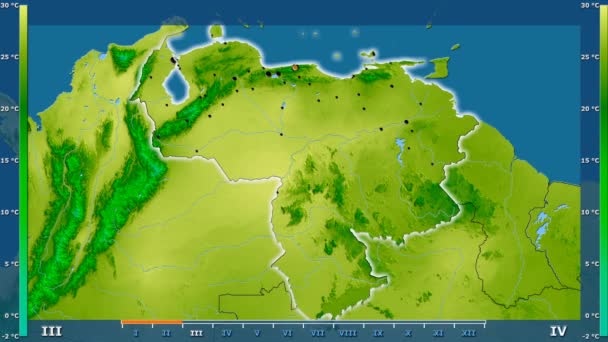 Średnia Temperatura Przez Miesiąc Terenie Wenezueli Legendą Animowane Świecące Kształt — Wideo stockowe