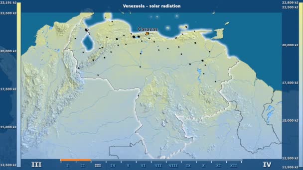 太阳辐射由月在委内瑞拉区域以生动的传奇 英国标签 国家和资本名字 地图描述 球极投影 — 图库视频影像