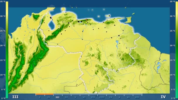 Temperatura Máxima Por Mes Área Venezuela Con Leyenda Animada Forma — Vídeo de stock