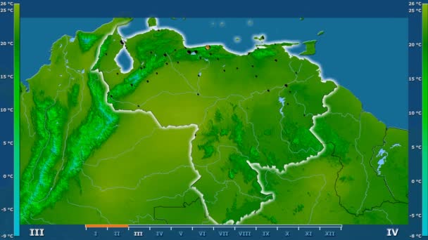 最低气温按月在委内瑞拉区域以动画传奇发光的形状 行政边界 主要城市 球极投影 — 图库视频影像