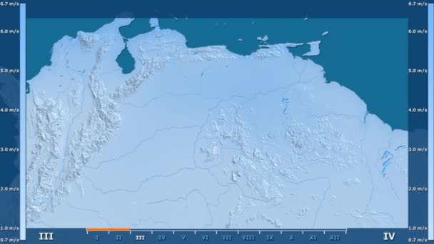 アニメーションの伝説 Raw カラー シェーダーを持つベネズエラ地区の月別風速 平射図法 — ストック動画