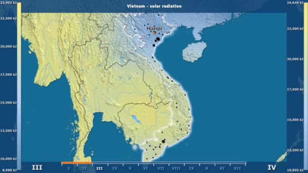 アニメーションの伝説 英語のラベル ベトナム地域の月別日射 国と首都名は マップの説明 平射図法 — ストック動画