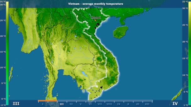 Средняя Температура Месяцам Вьетнаме Анимированной Легендой Английские Метки Названия Стран — стоковое видео